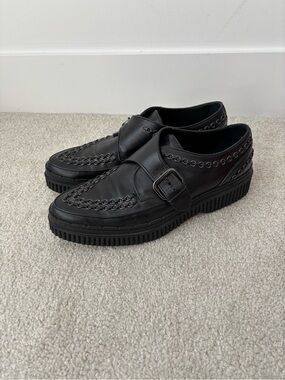 TOD’S Black Leather Monk Strap Loafers Platform Chain Detail Size 9.5 US